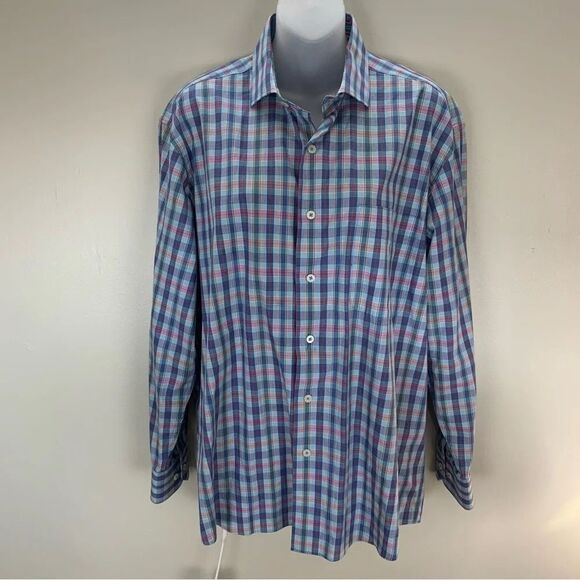 Alan Flusser Plaid Blue Dress Shirt button Down Long Sleeve 100% Cotton Medium - Picture 1 of 6